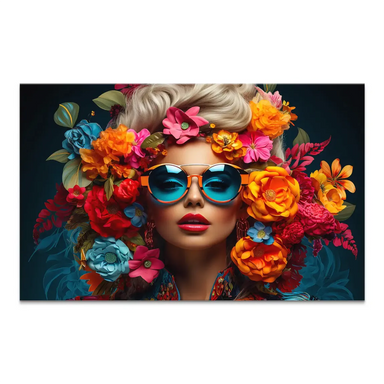 Close-up of a woman's face adorned with a vibrant floral crown, blue-tinted sunglasses with orange frames, and bold red lipstick against a dark background.