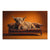 Photorealistic Highland cow lounging on a tartan plaid sofa against a warm orange-brown background.