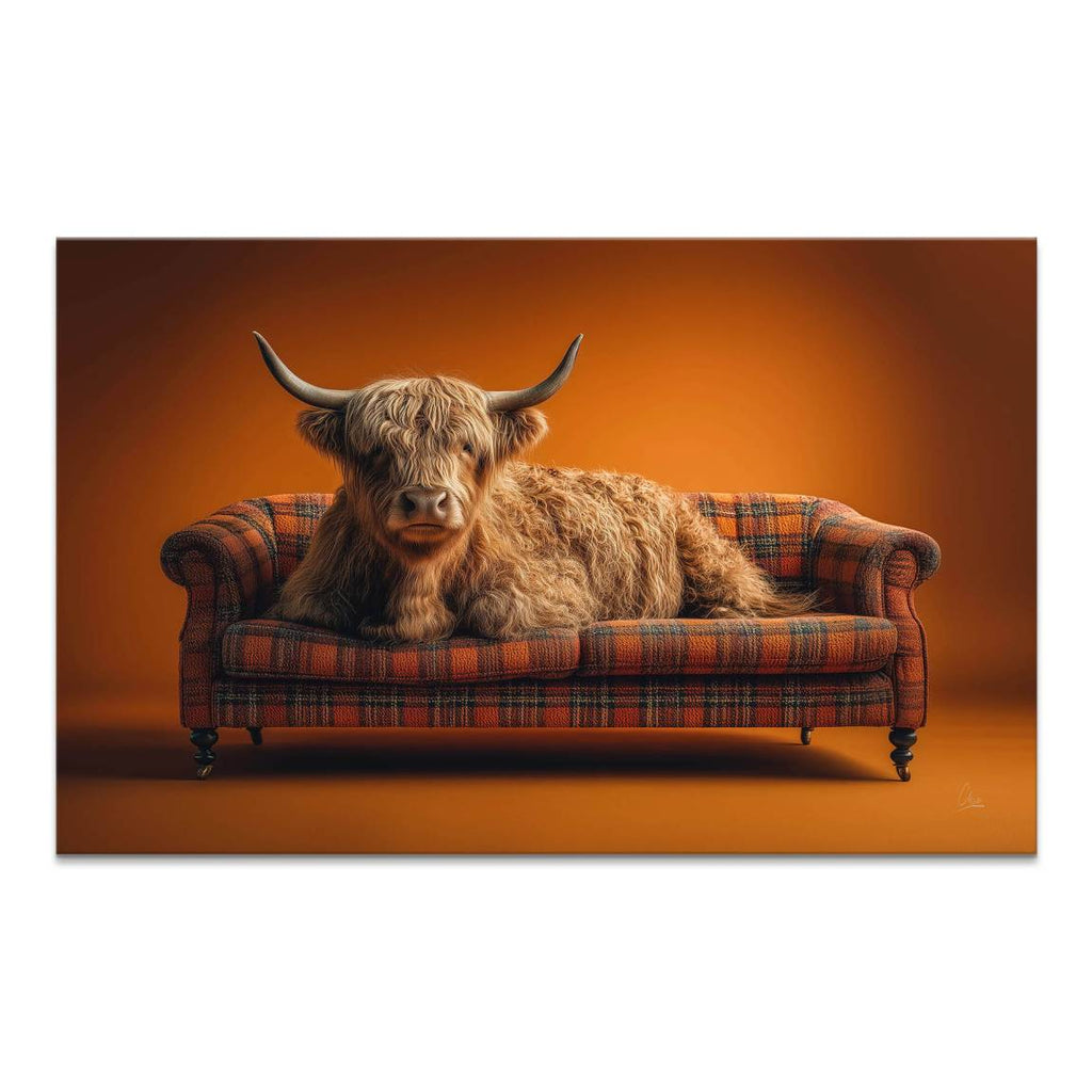 Photorealistic Highland cow lounging on a tartan plaid sofa against a warm orange-brown background.