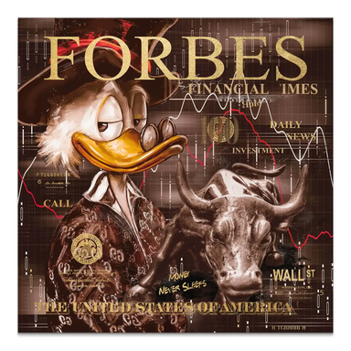 Square-format canvas print of Scrooge McDuck in a fedora beside the Wall Street Charging Bull, in a Pop Art vintage style