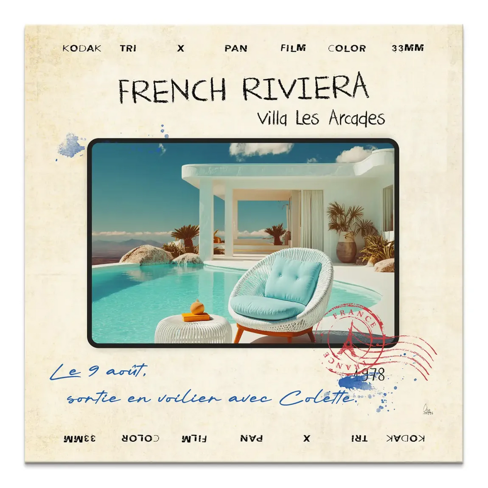 Vintage travel postcard-style scene of a French Riviera villa with turquoise infinity pool and retro typography
