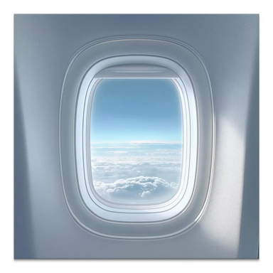 Airplane window horizon canvas art – photorealistic view of blue sky and clouds framed by a white window.