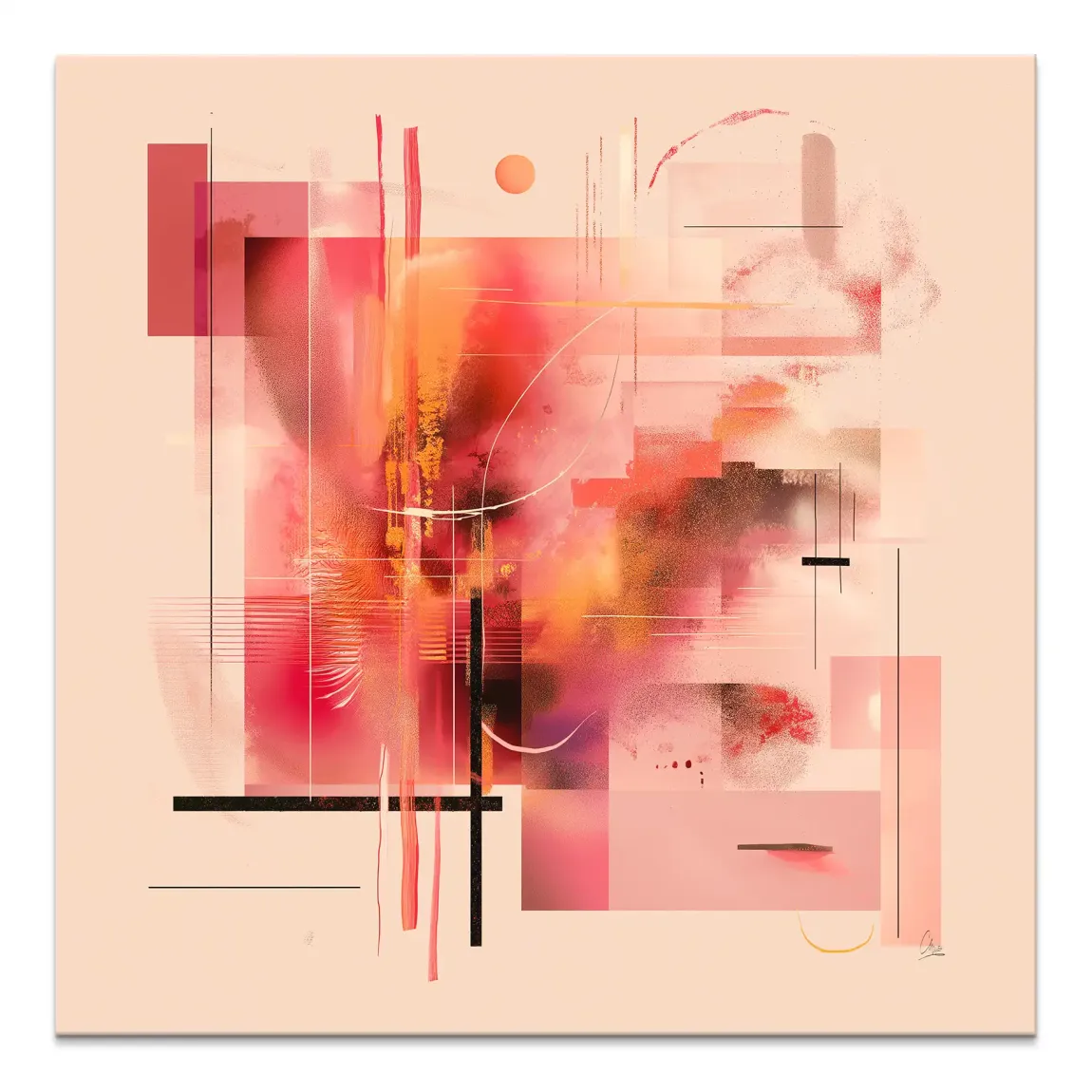Square canvas Infinite Glow featuring an abstract composition of pink, peach, and coral color fields with black line accents on a light beige background.