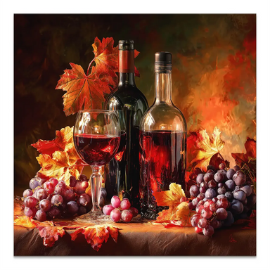 Noble Wine Harvest square canvas wall art with wine bottles, a red wine glass, grapes, and autumn leaves in a dark warm background.