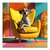 Dalmatian wearing orange sunglasses lounging in a bright yellow mid-century modern armchair
