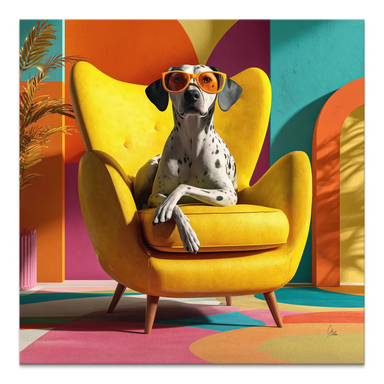 Dalmatian wearing orange sunglasses lounging in a bright yellow mid-century modern armchair