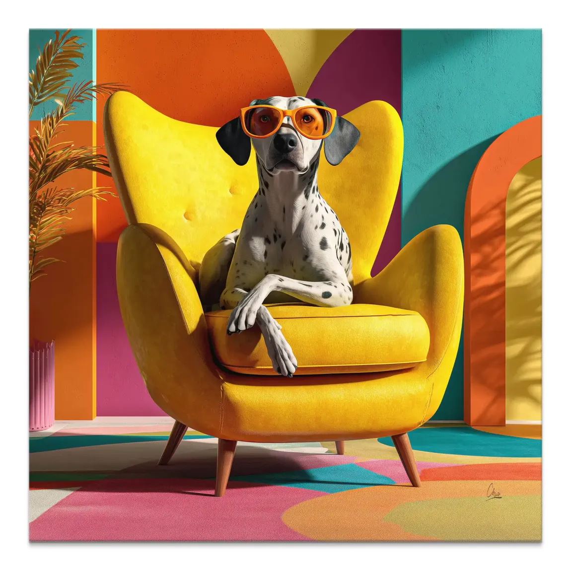 Dalmatian wearing orange sunglasses lounging in a bright yellow mid-century modern armchair