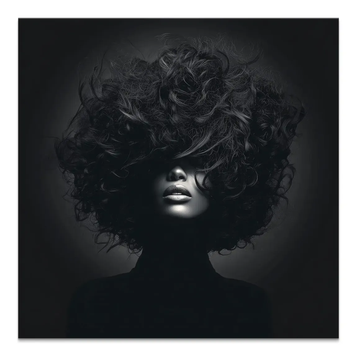 Monochrome portrait of a woman with curly hair obscuring her face on a canvas print.