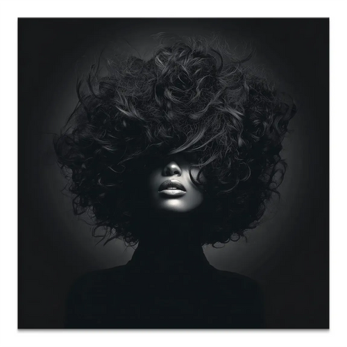 Monochrome portrait of a woman with curly hair obscuring her face on a canvas print.