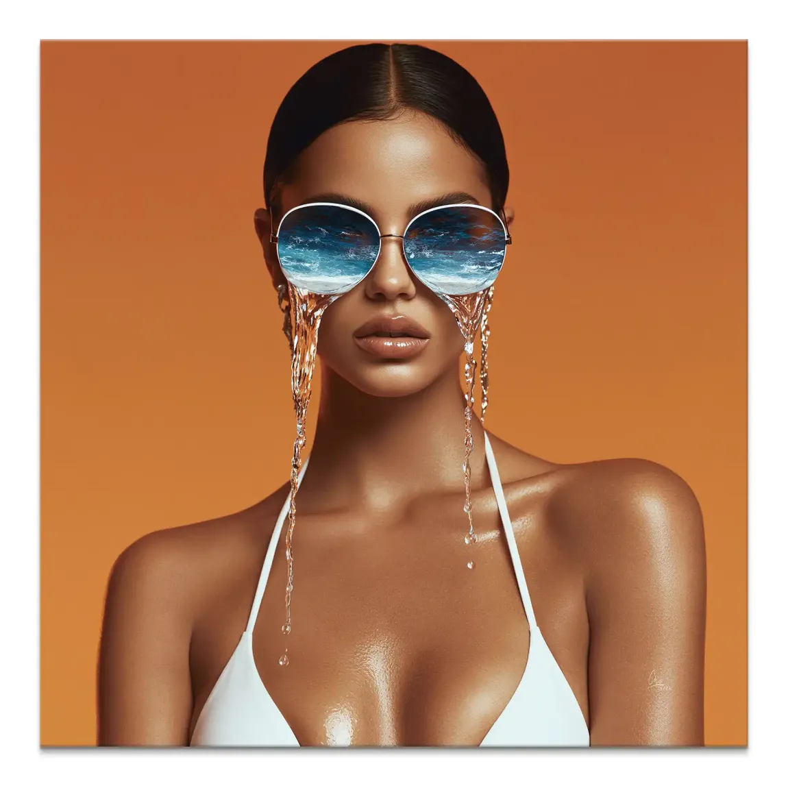 Contemporary portrait of a sun-kissed woman wearing round sunglasses reflecting a tranquil beach and ocean.