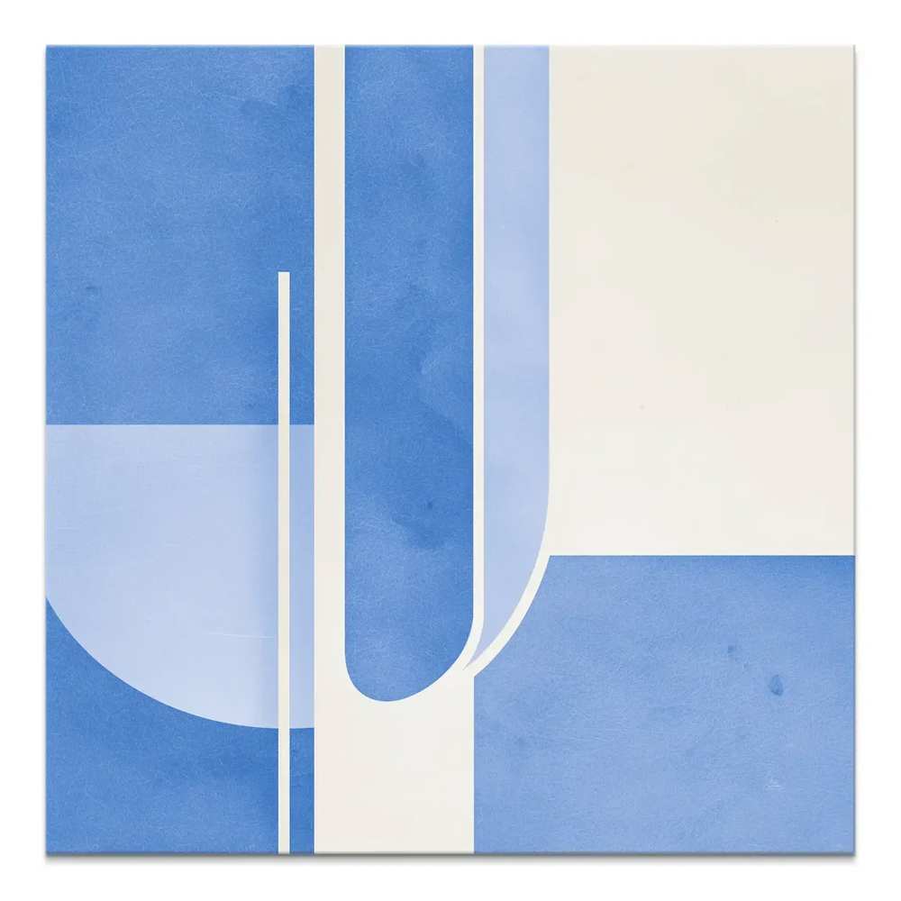 Blue geometry abstract canvas art with a large U-shaped form and partial circular accent in off-white
