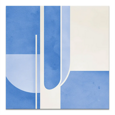 Blue geometry abstract canvas art with a large U-shaped form and partial circular accent in off-white