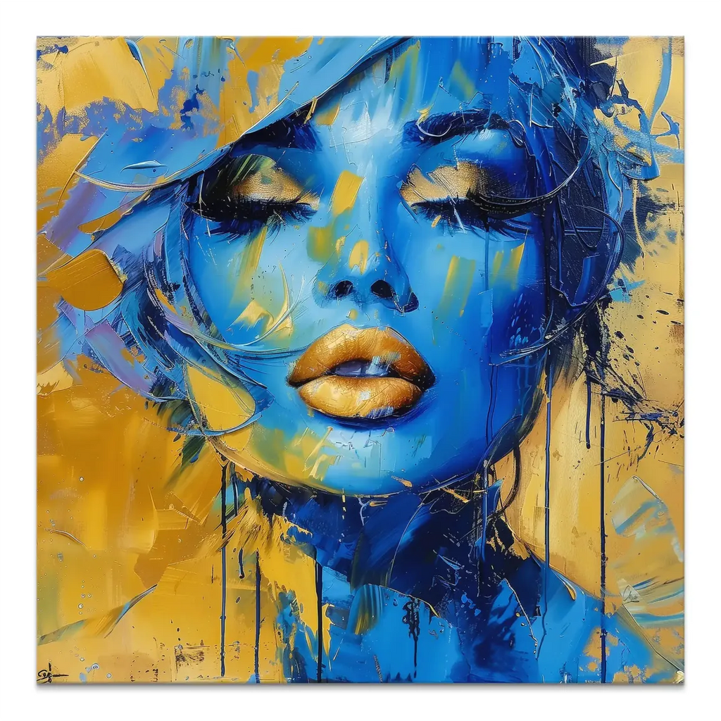 Close-up portrait of a woman in cobalt blue with gold eyelids and gold lips on a textured abstract canvas