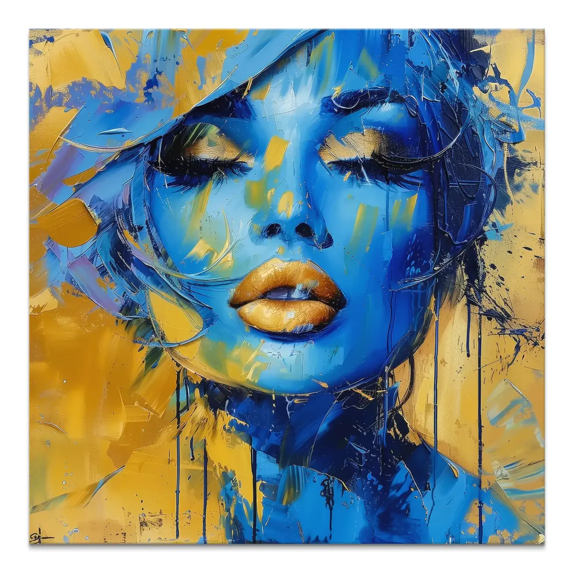 Close-up portrait of a woman in cobalt blue with gold eyelids and gold lips on a textured abstract canvas