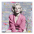 Iconic Marilyn Monroe Pop Art portrait on canvas with pink sweater and gold typography graffiti backdrop.
