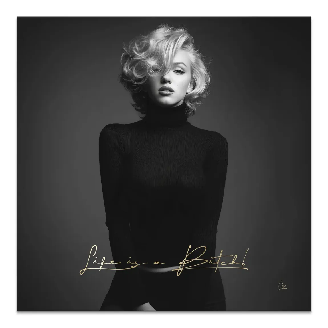 Black and white Marilyn Monroe portrait canvas wall art with gold Life is a Bitch text