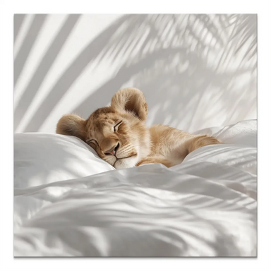 Sleeping lion cub on white bedding on a square canvas