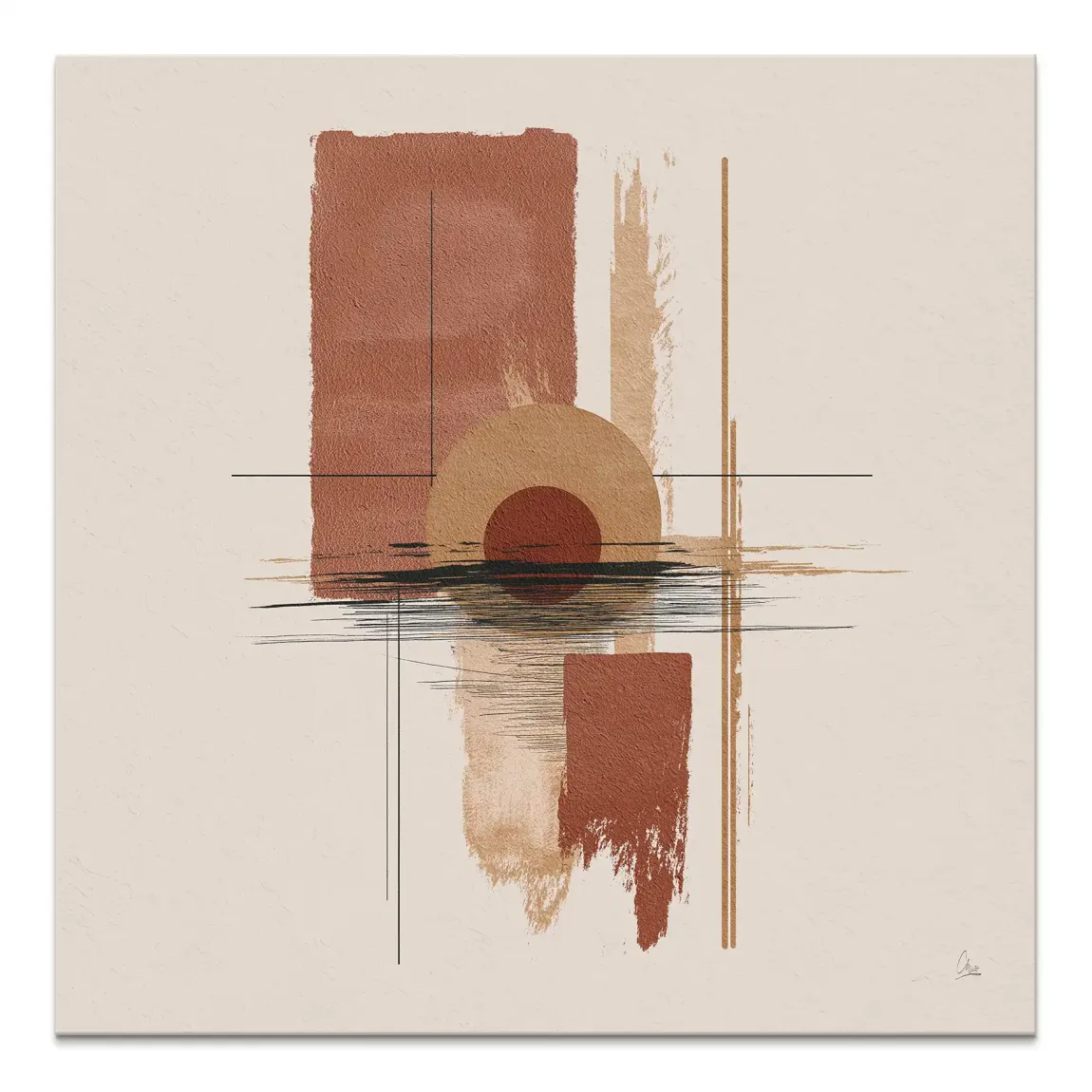 Desert Balance canvas print with beige background, central circular motif, and bold black lines in a minimalist abstract design.