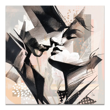 Soft Kiss abstract canvas artwork showing two faces in profile with bold black strokes on a white and grey background, accented by blush pink.