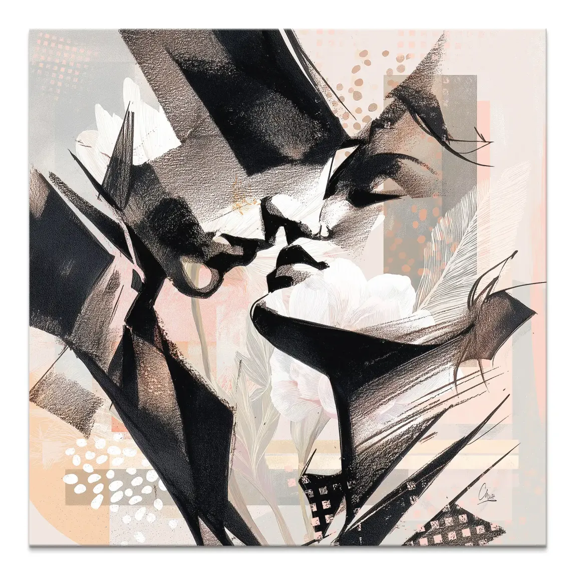 Soft Kiss abstract canvas artwork showing two faces in profile with bold black strokes on a white and grey background, accented by blush pink.