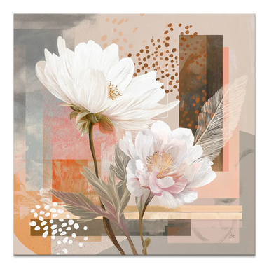 Two white and blush-pink peony-inspired flowers on a muted abstract canvas background.