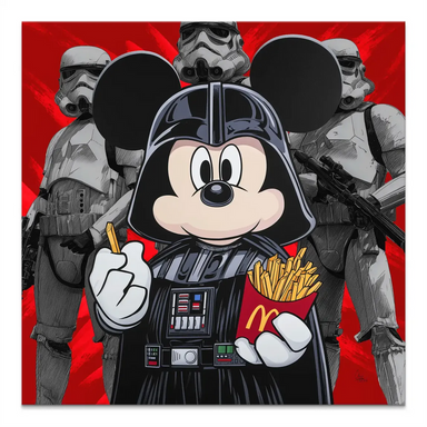 Portrait-oriented Pop Art canvas showing Mickey Mouse as Darth Vader holding fries against a bold red background.