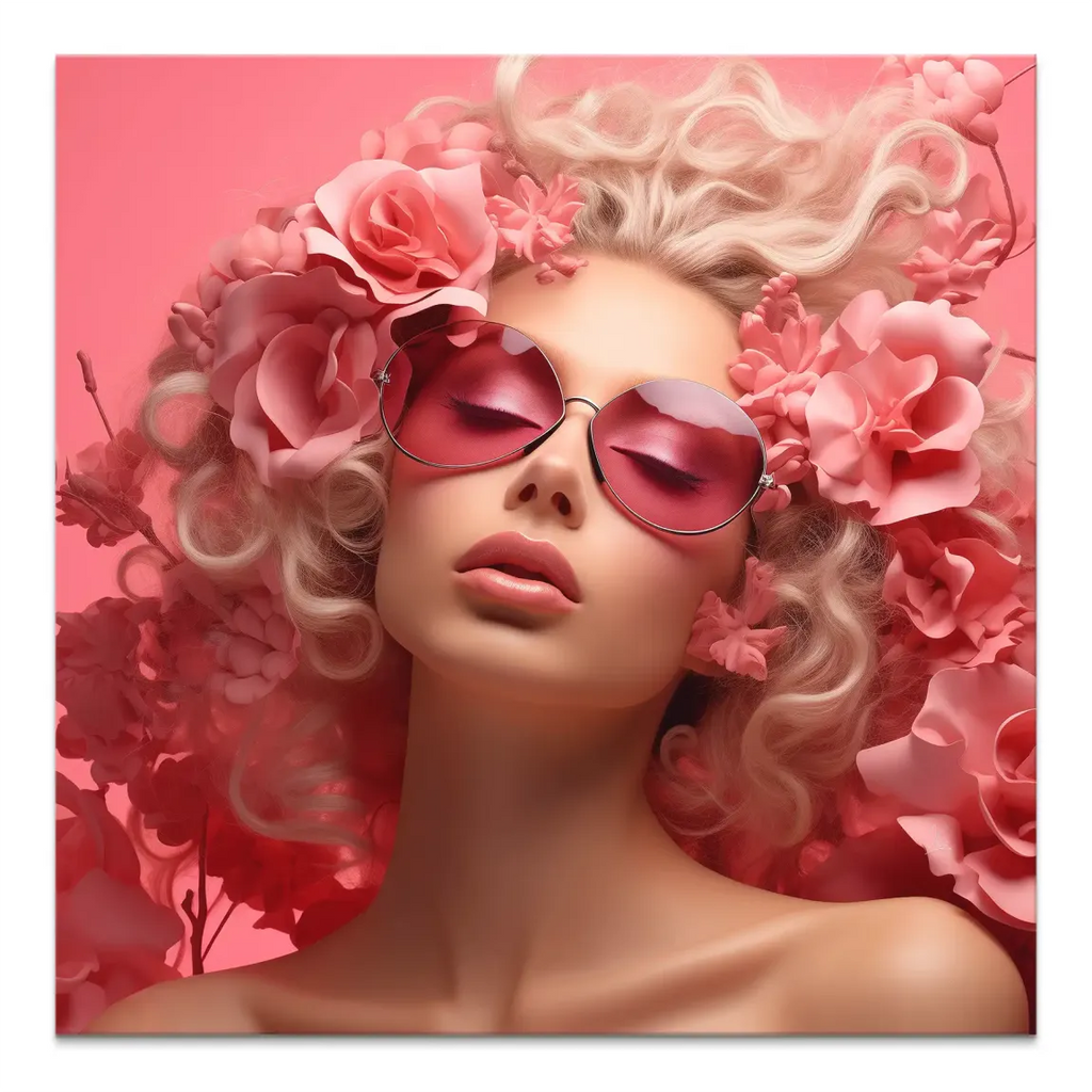 Close-up portrait of a woman with cascading pink flowers, blonde curly hair, and pink-tinted sunglasses on a pink background.
