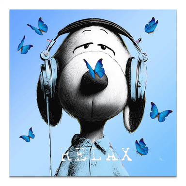 Pop Art Snoopy canvas art of Snoopy relaxing with headphones on a blue background with blue butterflies