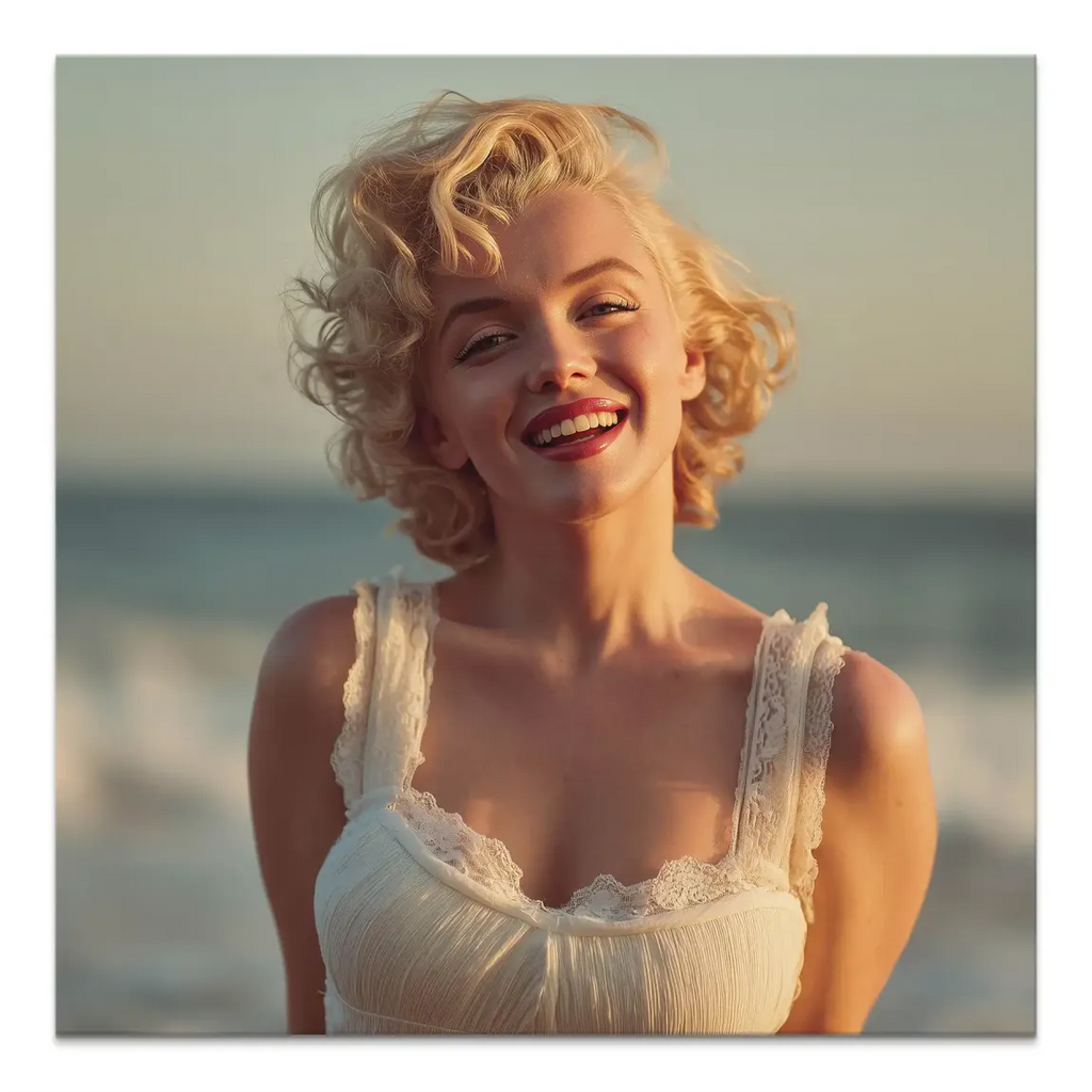 Marilyn Monroe square canvas print with sun-kissed glow and warm amber tones
