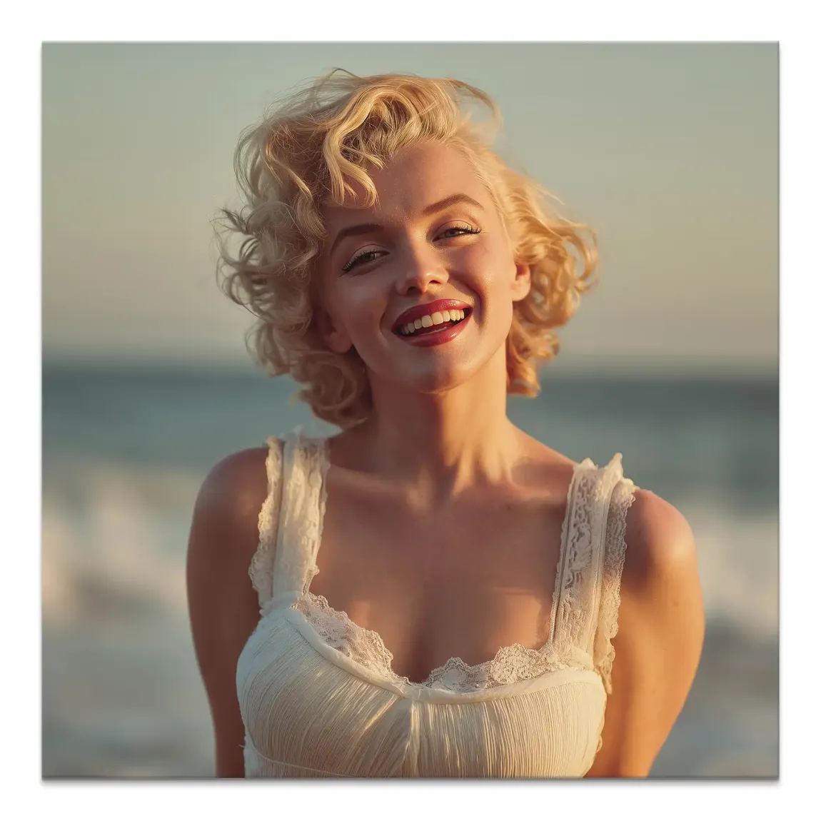 Marilyn Monroe square canvas print with sun-kissed glow and warm amber tones