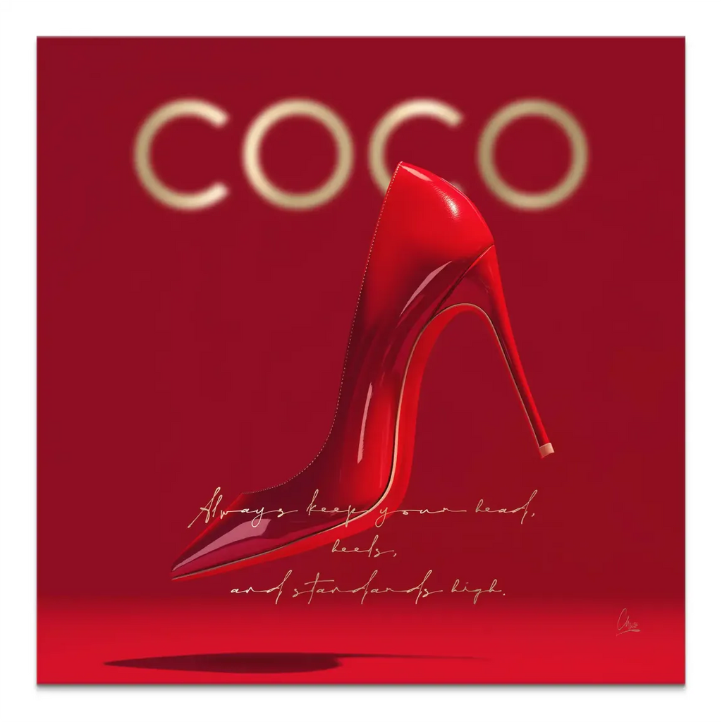 Red Coco Heels canvas wall art featuring a bold red high-heeled shoe with gold COCO branding against a red background and an inspirational quote.