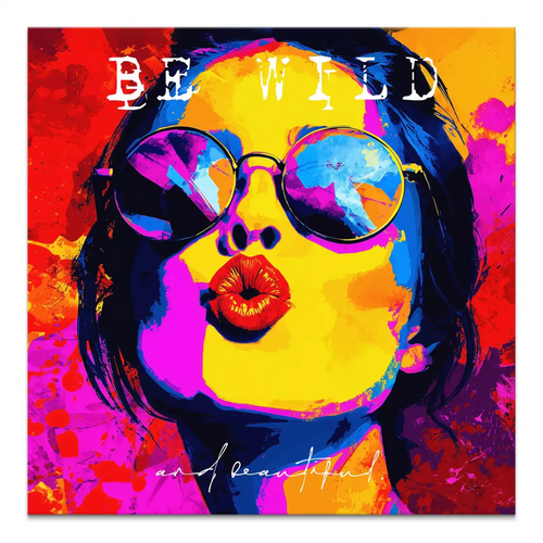 Be Wild canvas art featuring a stylized woman portrait in electric yellow with blue and magenta accents