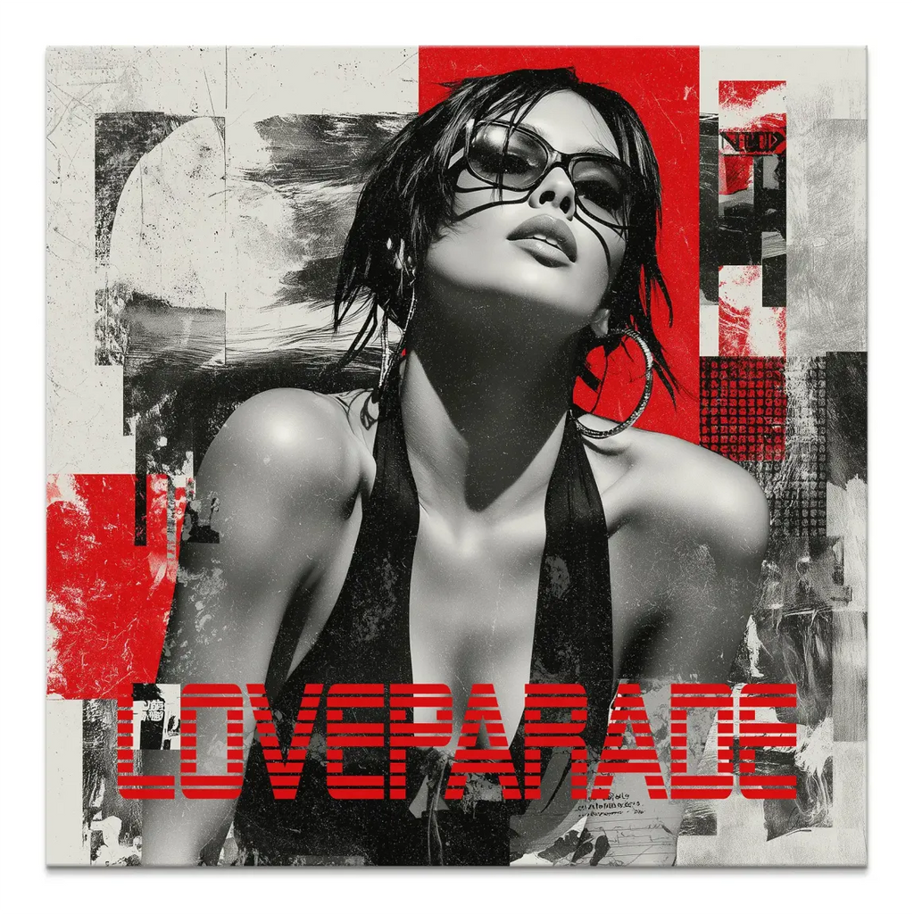 Glamorous black-and-white portrait of a woman with sunglasses and large hoops against a bold red textured background on a square canvas wall art.