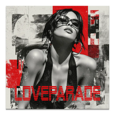 Glamorous black-and-white portrait of a woman with sunglasses and large hoops against a bold red textured background on a square canvas wall art.