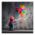 Mario-like character seen from behind holding neon balloons against a gray graffiti-covered wall