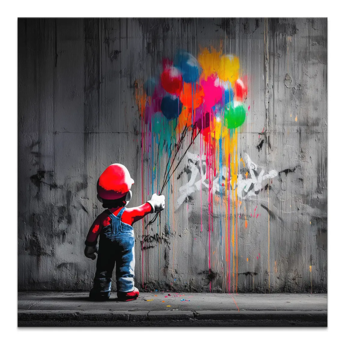 Mario-like character seen from behind holding neon balloons against a gray graffiti-covered wall