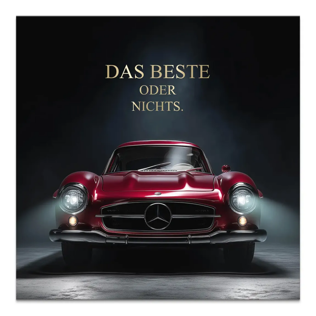 Front head-on view of a red Mercedes-Benz 300SL canvas wall art with gold The Best or Nothing motto on a dark background