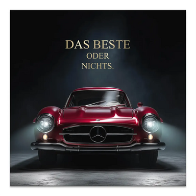 Front head-on view of a red Mercedes-Benz 300SL canvas wall art with gold The Best or Nothing motto on a dark background