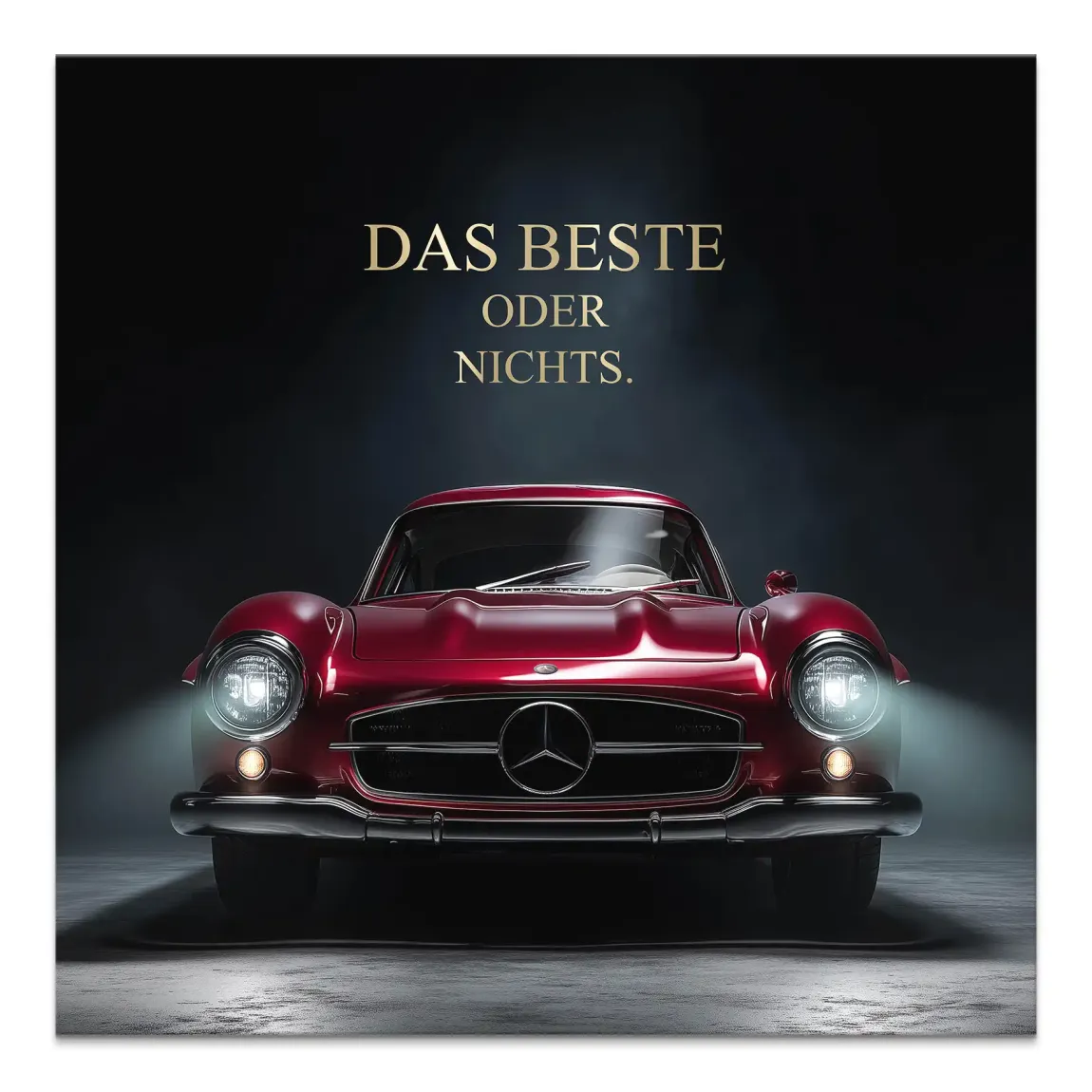 Front head-on view of a red Mercedes-Benz 300SL canvas wall art with gold The Best or Nothing motto on a dark background