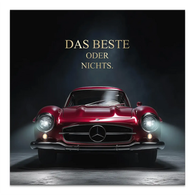 Front head-on view of a red Mercedes-Benz 300SL canvas wall art with gold The Best or Nothing motto on a dark background