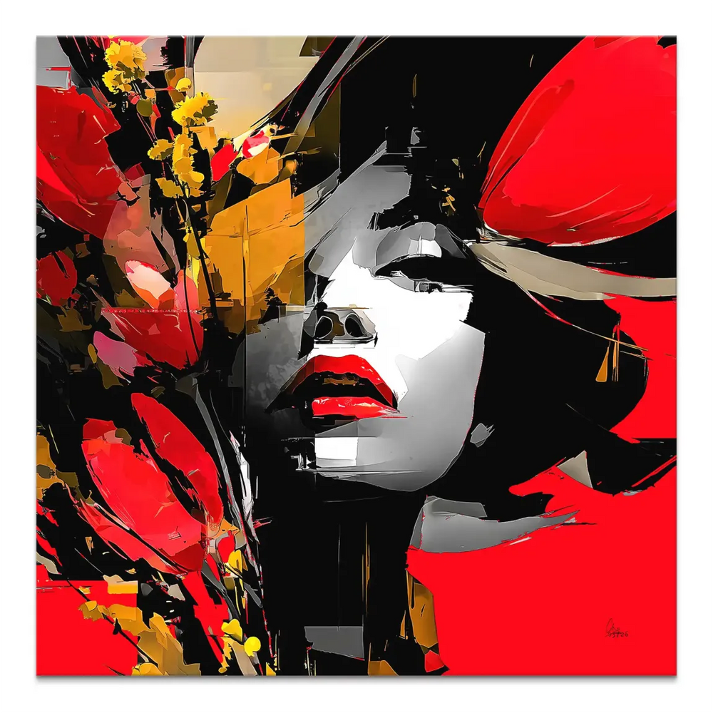 Red abstract canvas art featuring a stylized woman's portrait with floral accents in bold red, black, white, and gold.