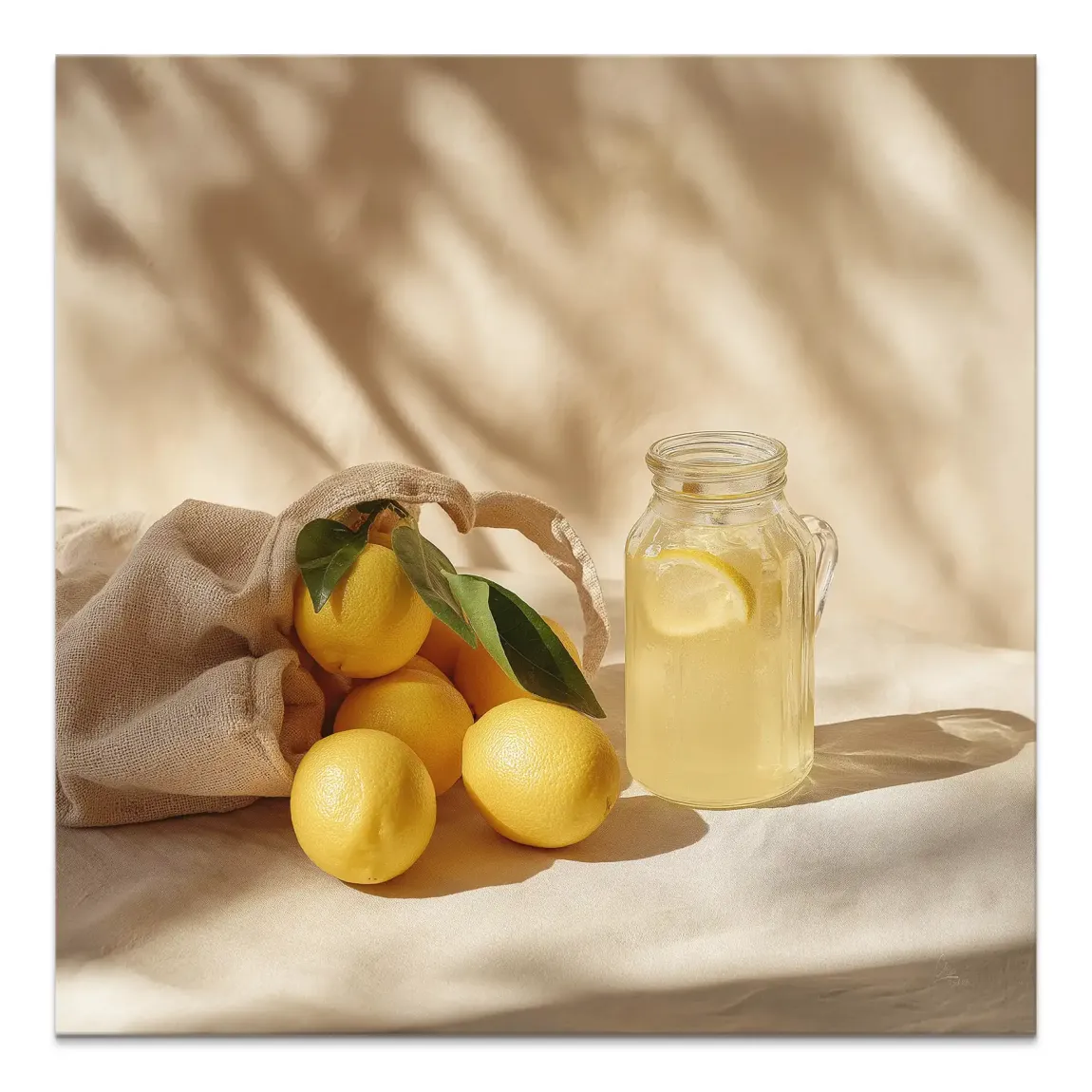 Bright yellow lemons in a rustic cloth bag with green leaves