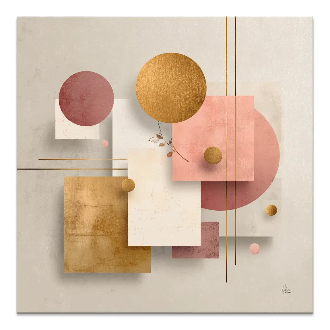 Golden Geometry canvas print with layered abstract geometric shapes in gold, blush, and beige