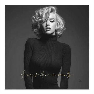 Square canvas wall art featuring a black and white Marilyn Monroe portrait with a gold 'Imperfection is beauty' script.