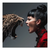 Square canvas print featuring a snarling leopardess facing a woman in a red dress against a cool grey background