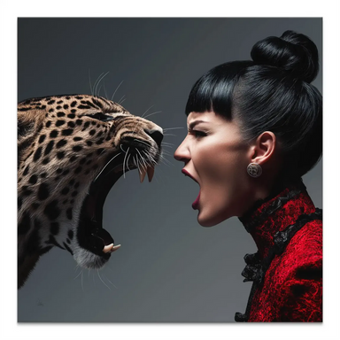 Square canvas print featuring a snarling leopardess facing a woman in a red dress against a cool grey background