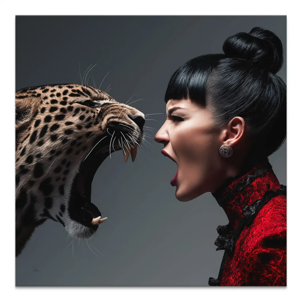 Square canvas print featuring a snarling leopardess facing a woman in a red dress against a cool grey background