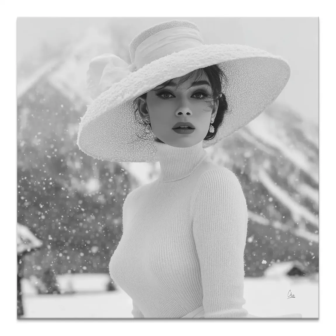 Black-and-white portrait of a stylish woman wearing a wide brim hat and ribbed turtleneck against a snowy mountain backdrop