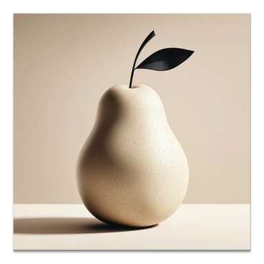 Minimalist sculptural pear on cream and beige canvas with a black stem