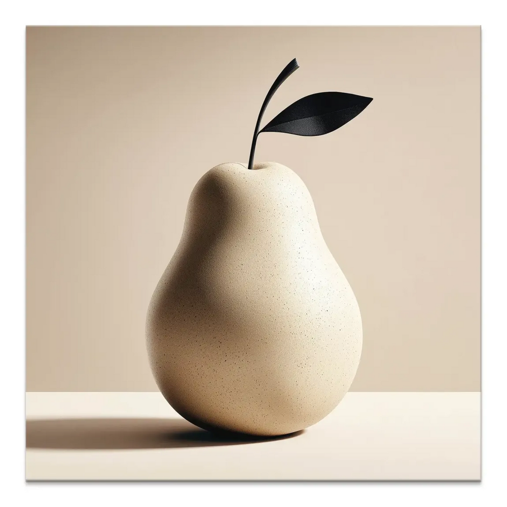 Minimalist sculptural pear on cream and beige canvas with a black stem